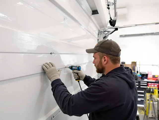 Bell Gardens Garage Door Repair technician demonstrating precision dent removal techniques on a Bell Gardens garage door